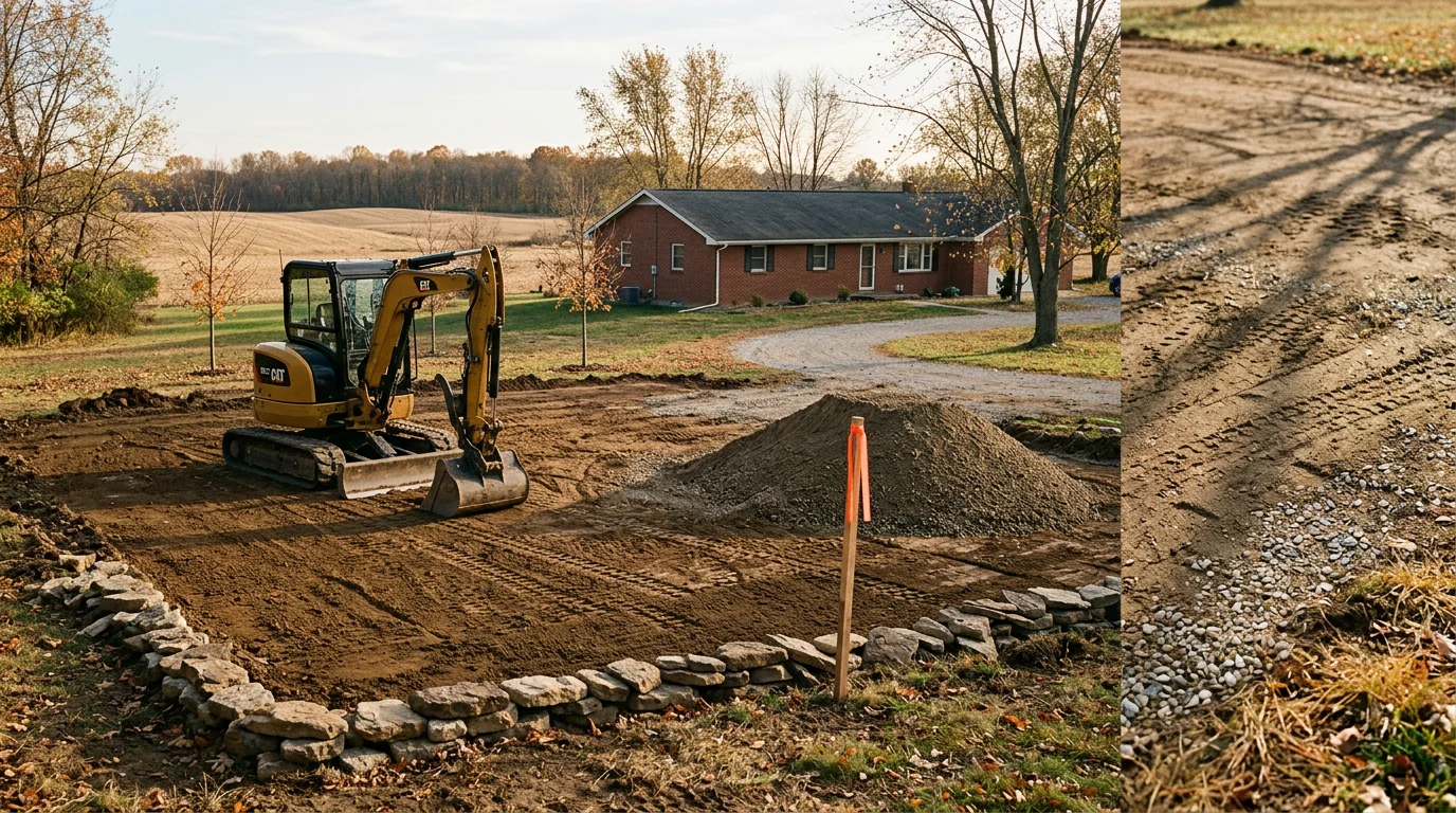 Excavator grading and clearing land for a site project in central Indiana