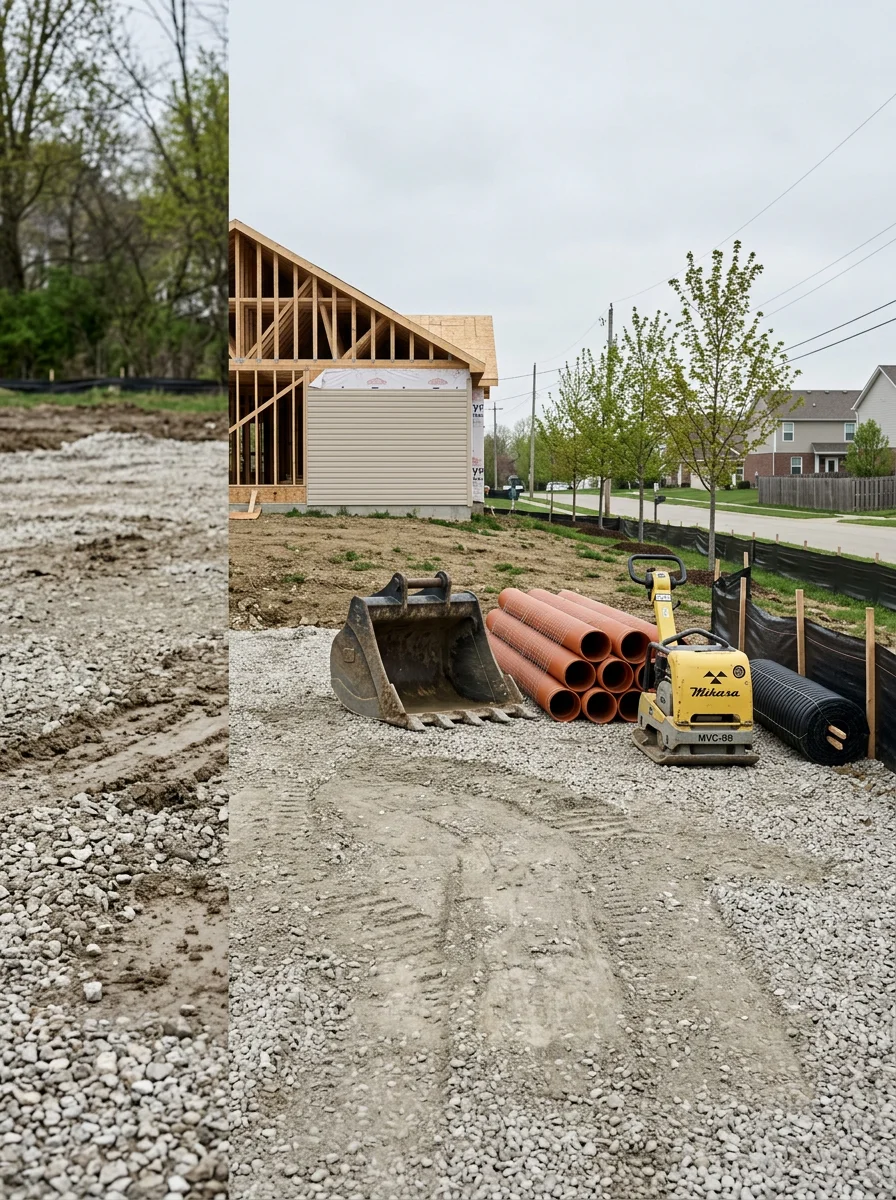 Crew leveling gravel base for a site preparation project in Hendricks County, Indiana