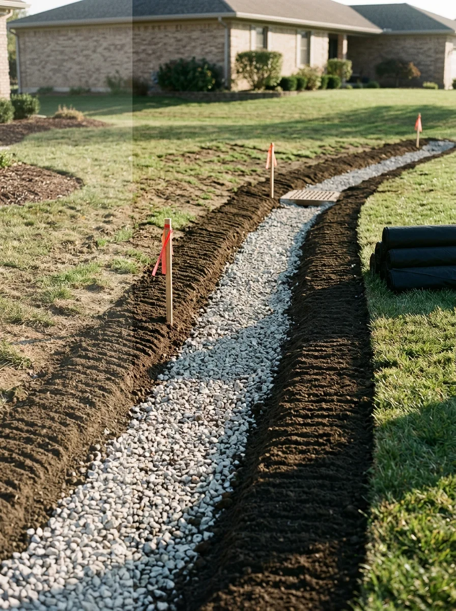 Gravel drainage swale graded on a residential lot in Hendricks County, Indiana