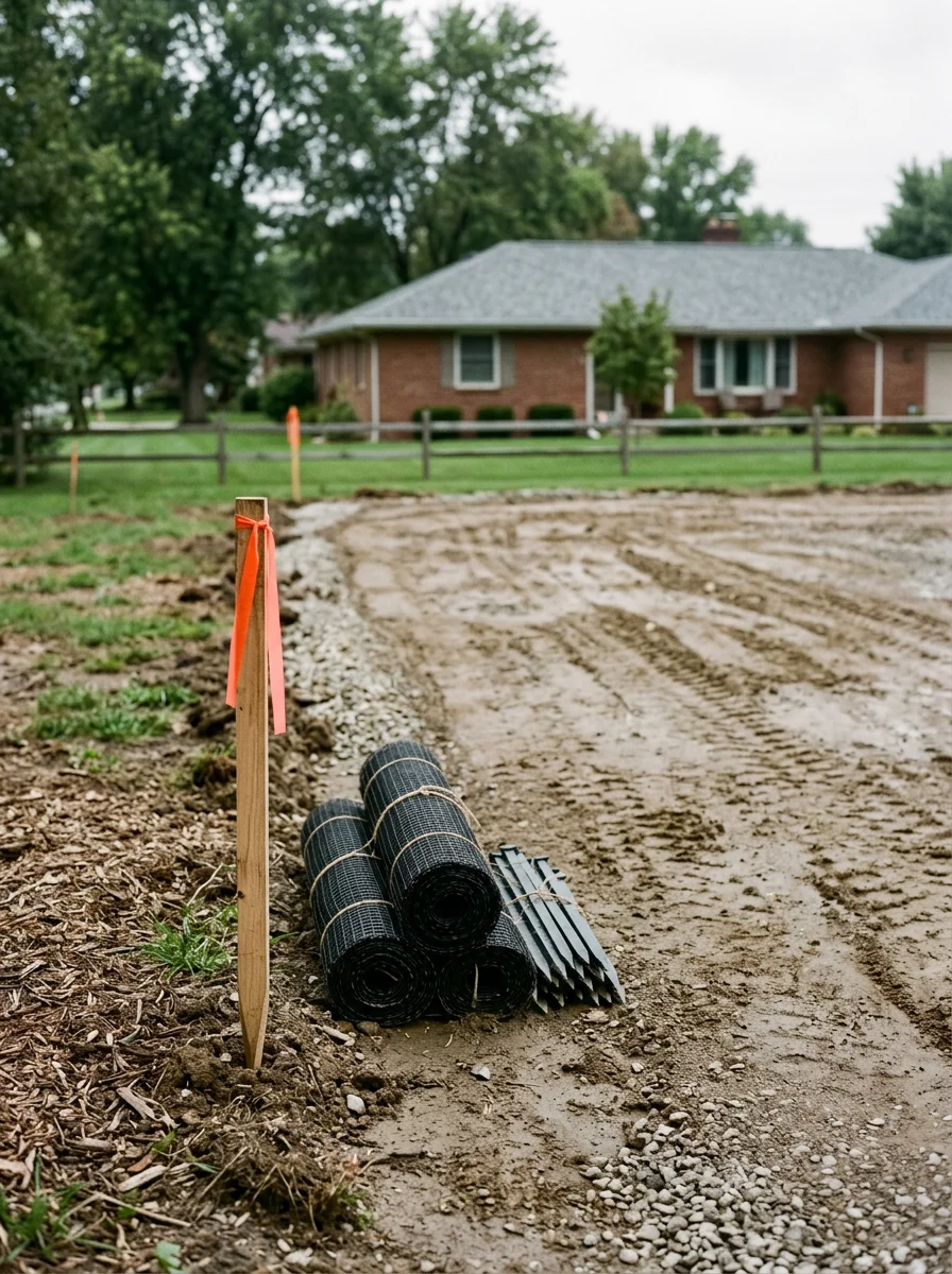 Finished graded building pad on a Crawfordsville, Indiana residential lot showing proper drainage slope away from a staked foundation corner.