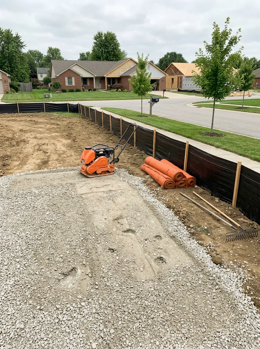 Crew setting silt fence and compacting gravel base on a Hendricks County residential lot