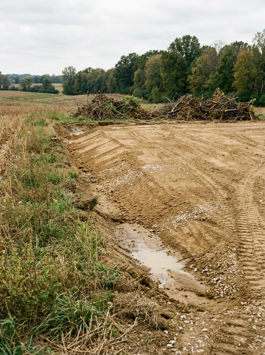 Graded building pad on a rural Greencastle, Indiana property showing cut-and-fill work on gently rolling terrain with cleared brush piles at the edge.