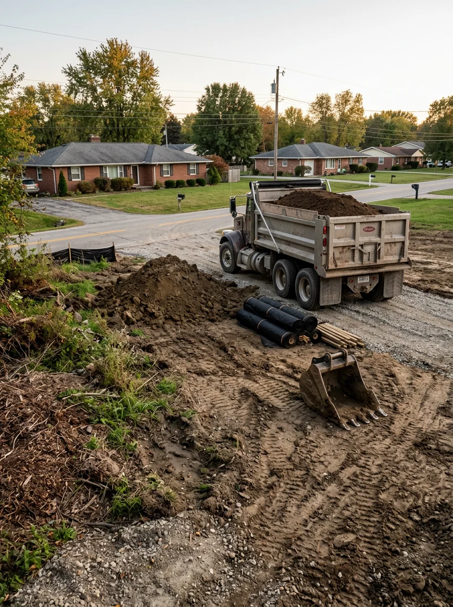 Crew hauling excavated dirt from a cleared residential lot in Johnson County, Indiana