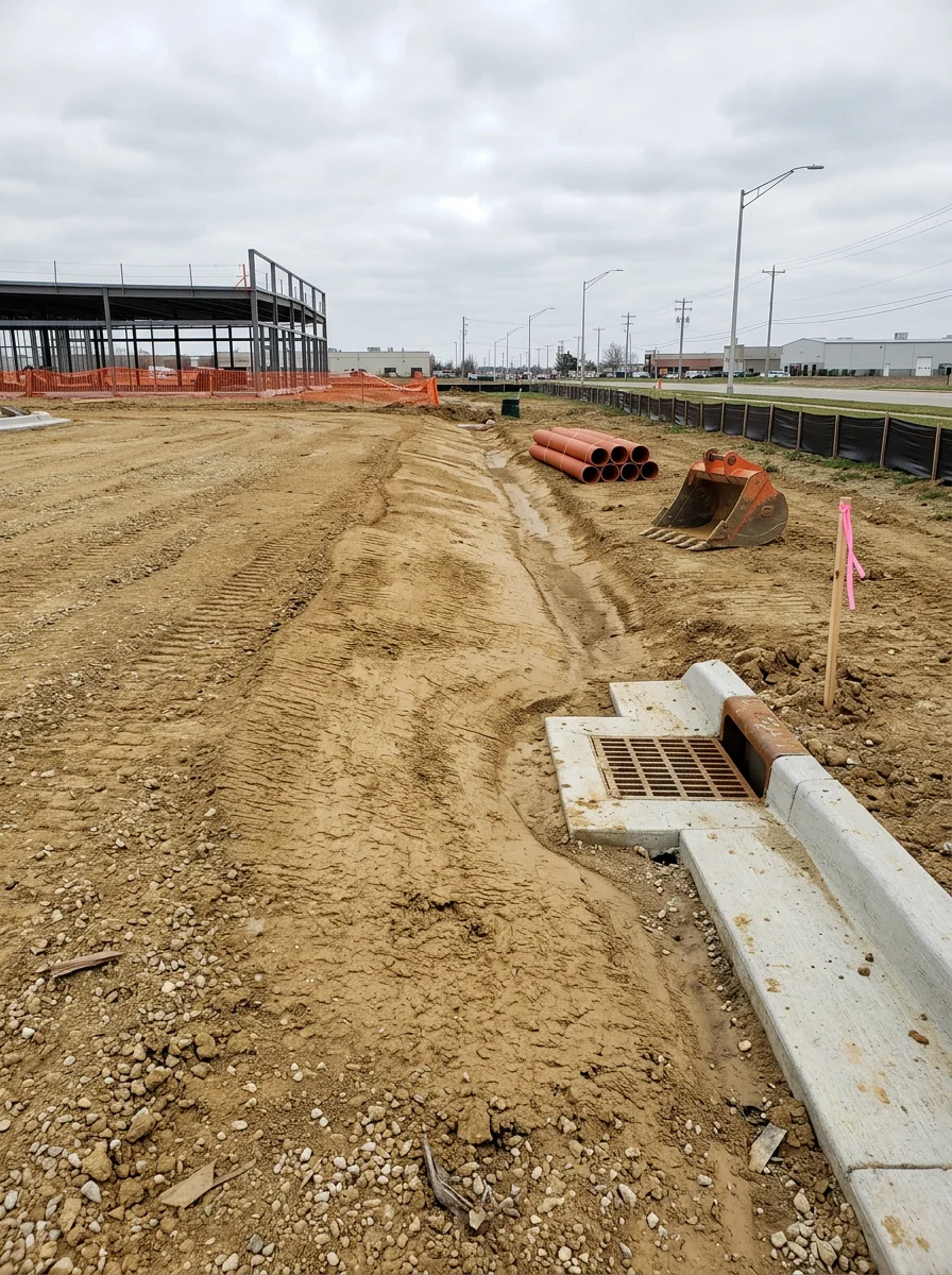Freshly graded commercial building site in Indianapolis showing engineered drainage slope across a clay-soil lot near a major corridor.
