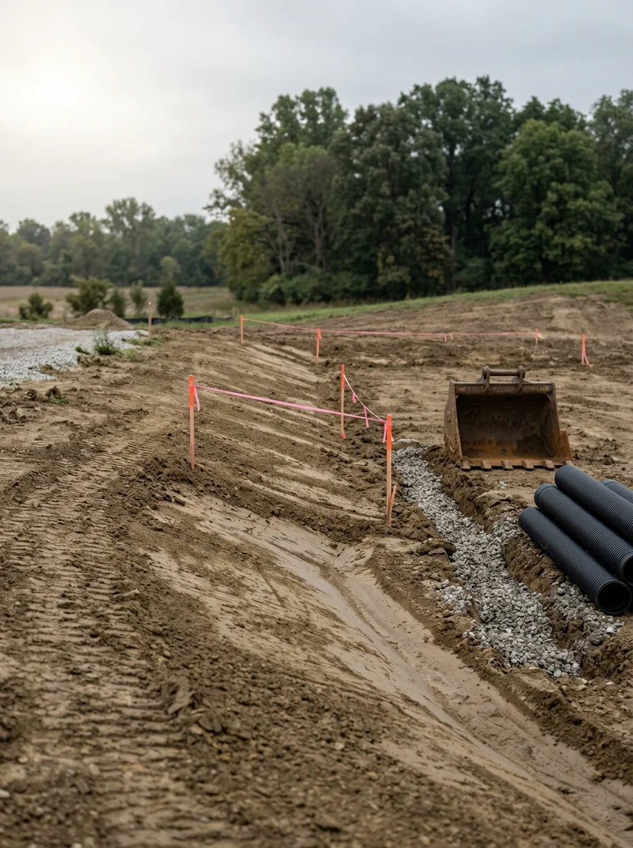 Graded building site near Lebanon, Indiana, showing engineered drainage slope across flat Treaty silty clay loam soil with construction stakes marking the foundation perimeter.