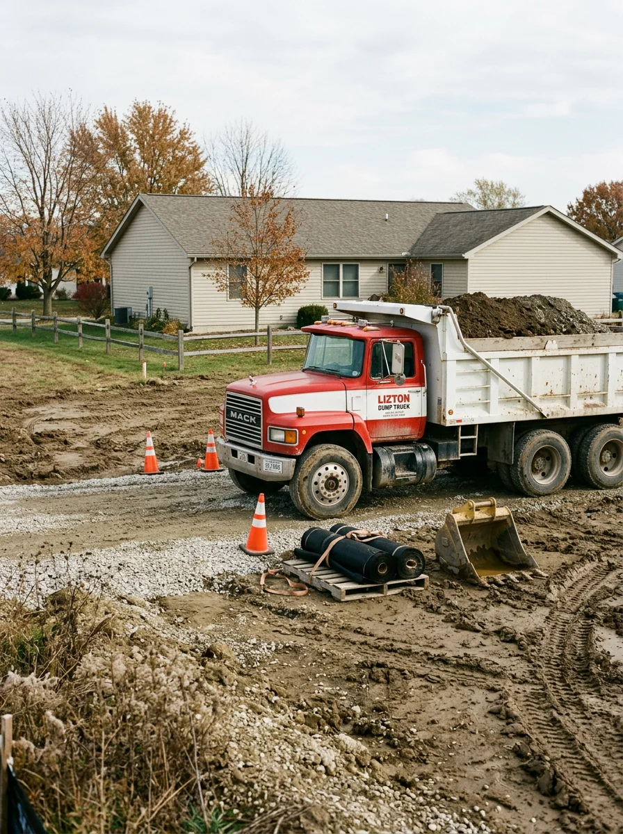 Dump truck hauling dirt from a residential lot in Hendricks County, Indiana