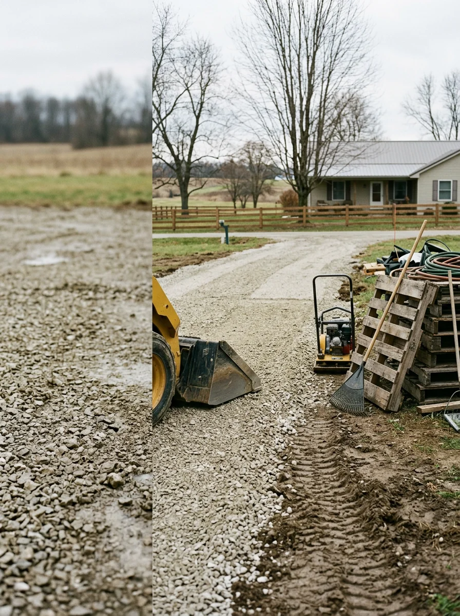 Gravel grading and site preparation on an acreage property near Maplewood, Indiana