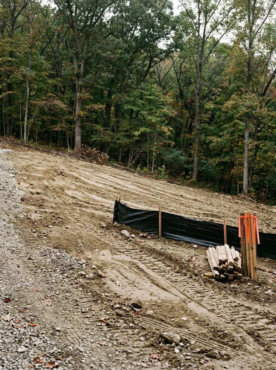 Cleared and graded sloped lot near Martinsville, Indiana, showing compacted fill on the low side of a building pad with wooded Morgan County hillside behind it.