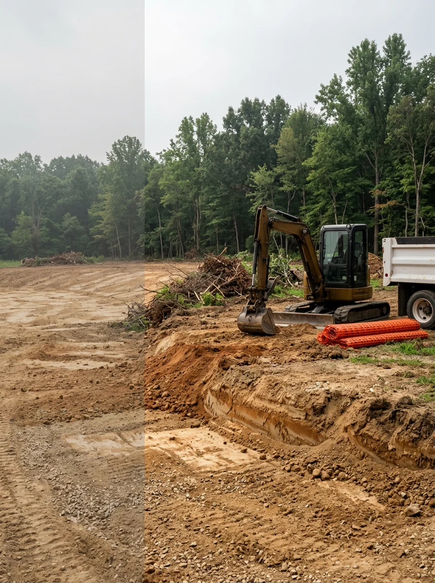 Cleared and graded rural lot south of Mooresville, Indiana, showing diverse Morgan County soil exposed after brush and overgrowth removal.