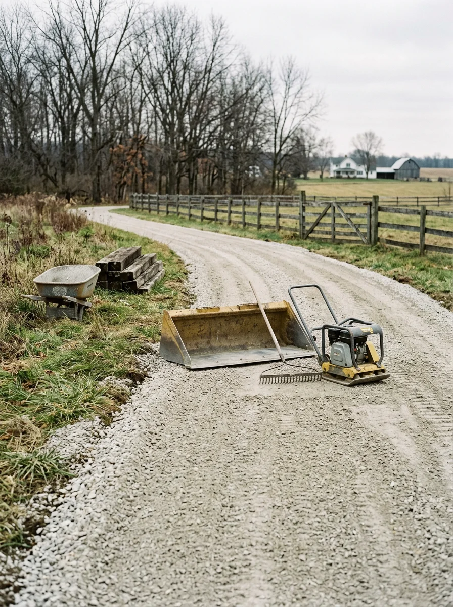 Gravel base being graded for a driveway on a rural Hendricks County property