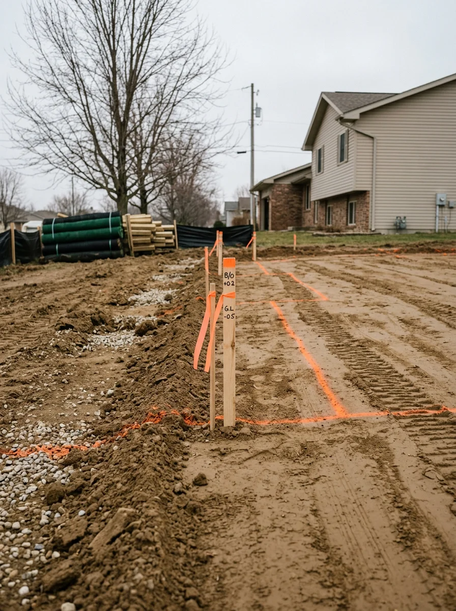 Close-up of freshly graded Hendricks County clay soil on a Pittsboro building site, showing proper slope away from a staked foundation.