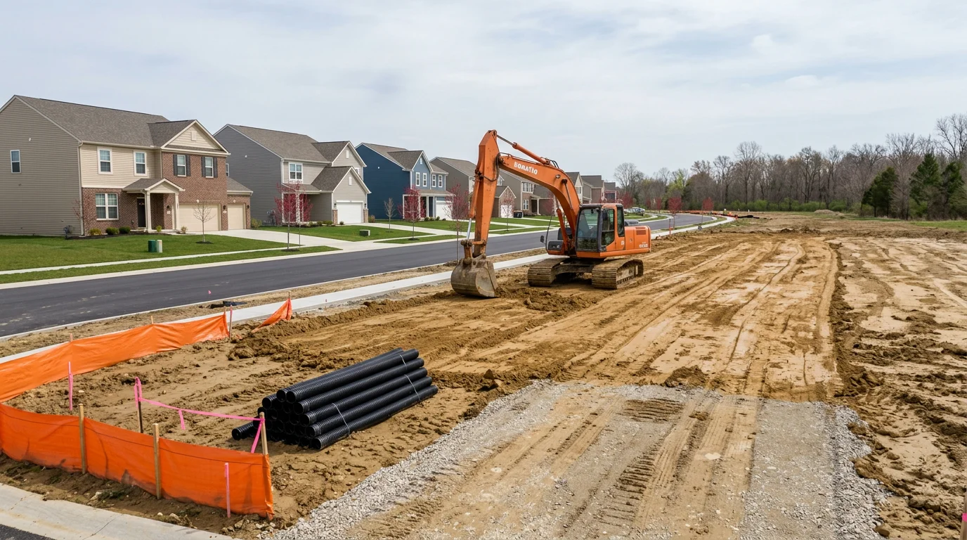 Excavator grading a clay-soil residential lot in Pittsboro, Indiana, with a new subdivision street visible in the background.