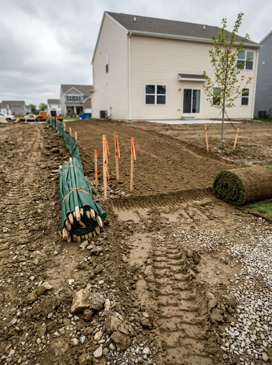 Graded yard with gravel and fill dirt in a Plainfield, Indiana subdivision