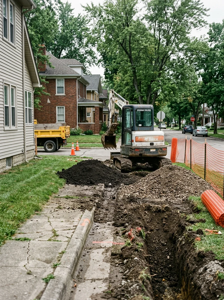 Crew removing dirt from a site near older homes in Speedway, Indiana