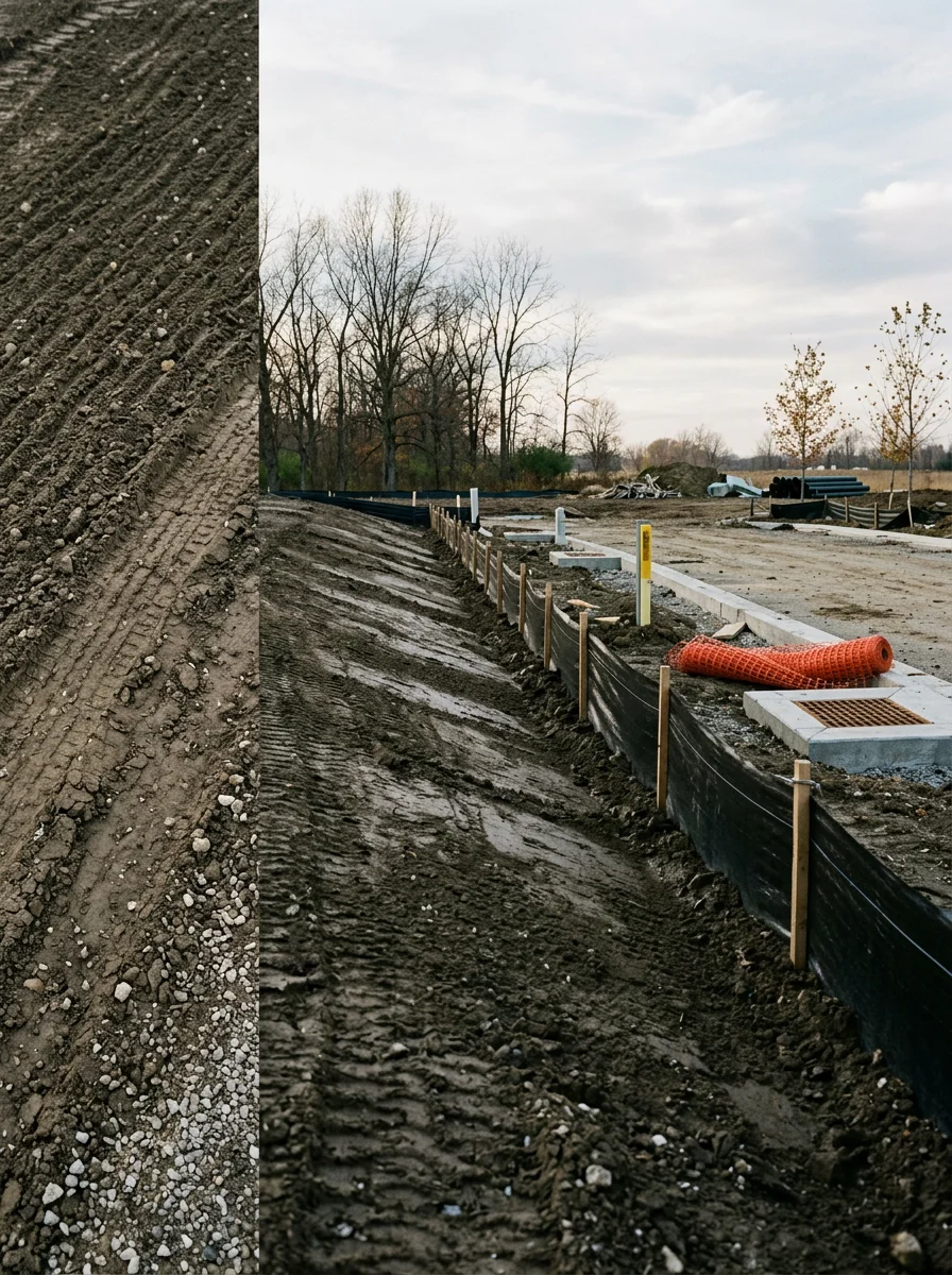 Freshly graded Hamilton County lot in Westfield, Indiana, showing engineered drainage slope across flat glacial till terrain with subdivision infrastructure in the background.