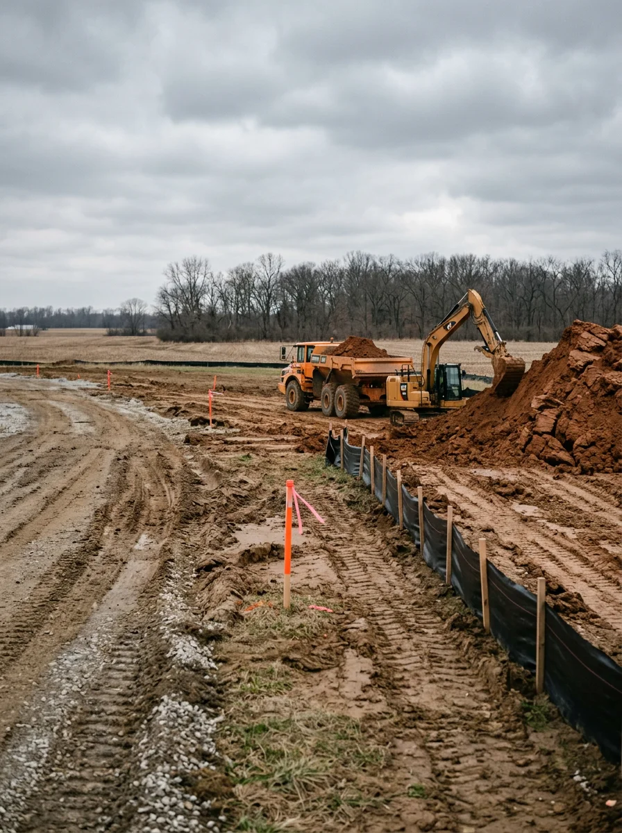 Crew hauling clay spoil from a Boone County construction site in Whitestown, Indiana