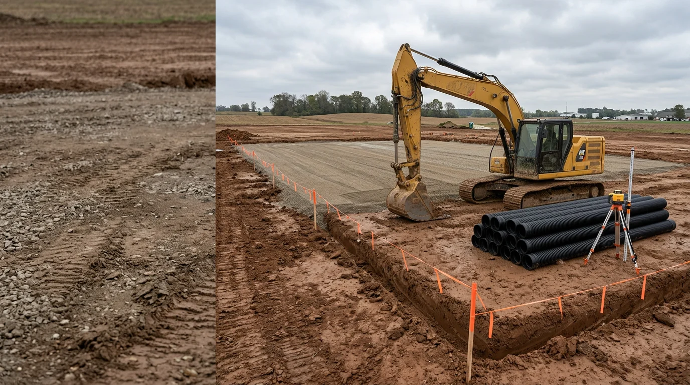 A commercial excavator cutting a building pad on a flat clay-soil lot in Pittsboro, Indiana, with rough graded earth visible across the cleared site. The ground is prepared and leveled in preparation for a commercial structure foundation.