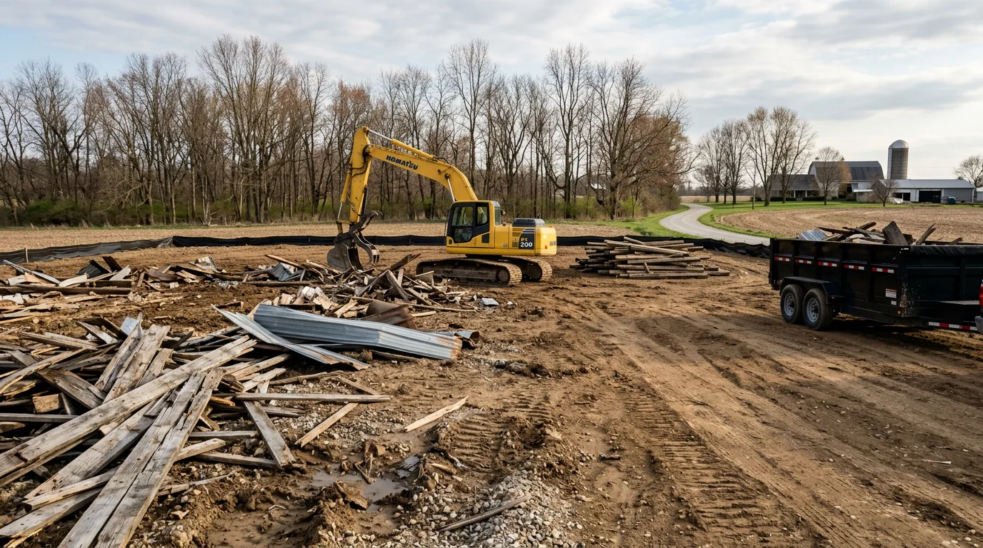 A cleared residential lot in Pittsboro, Indiana after structure demolition, with debris removed and the ground graded flat. An excavator is visible at the edge of the site in a Central Indiana rural setting.