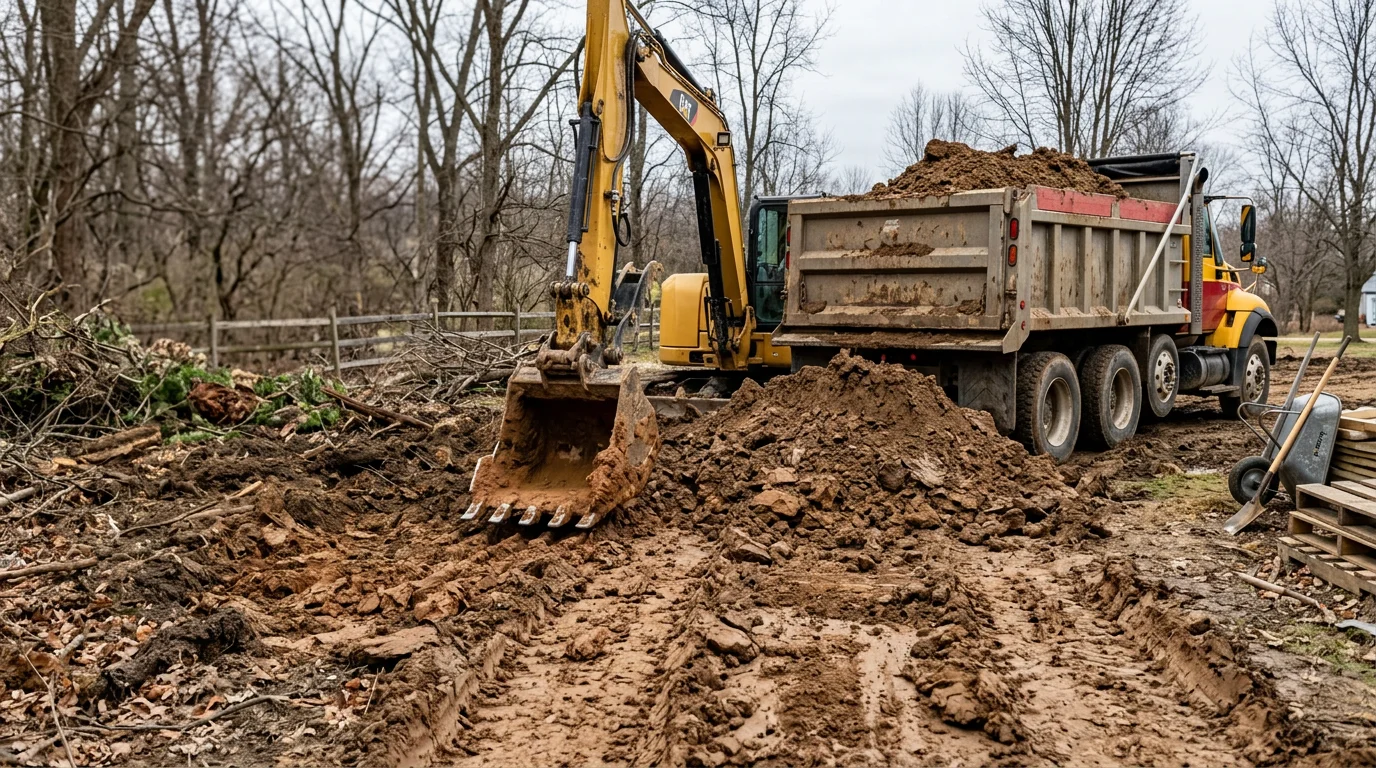 A cleared residential property in Pittsboro, Indiana after dirt removal, showing a level, open yard with no excess soil piles. Heavy clay soil has been fully hauled away, leaving the ground ready for the next phase of work.