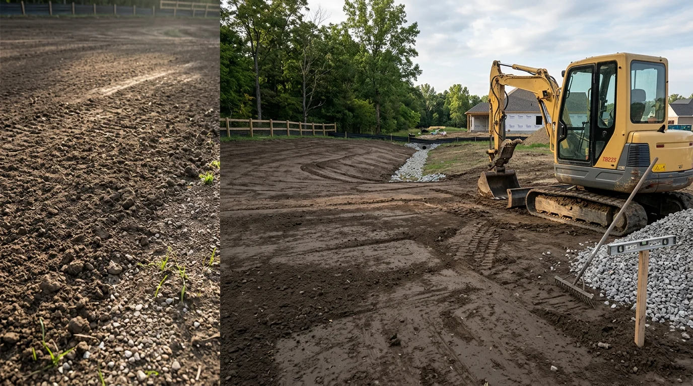 An excavator shaping and grading a residential lot in Pittsboro, Indiana, with freshly moved clay soil graded away from a building pad. The surrounding terrain shows a smooth, sloped surface ready for drainage and construction.