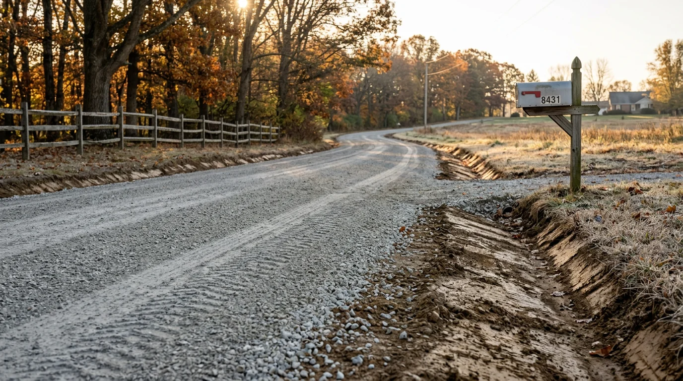 A gravel driveway in Pittsboro, Indiana after professional grading, showing a smooth crowned surface with gravel evenly distributed and no visible ruts or standing water. A rural property with flat Central Indiana terrain is visible in the background.