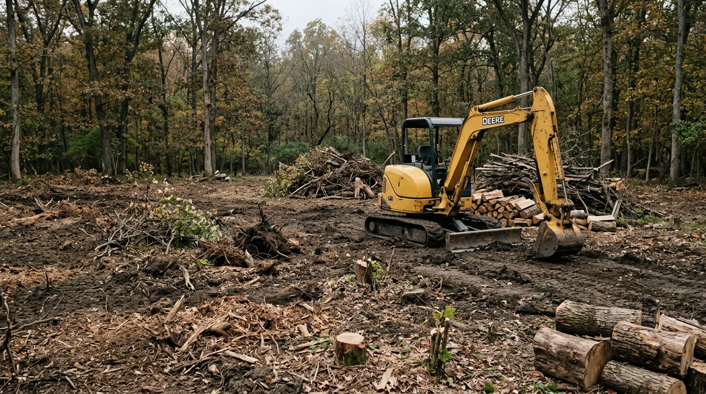A freshly cleared residential lot in Pittsboro, Indiana, with trees, brush, and stumps removed, leaving open ground ready for construction. Excavation equipment from Dirt Work Pros LLC is visible at the edge of the cleared area.