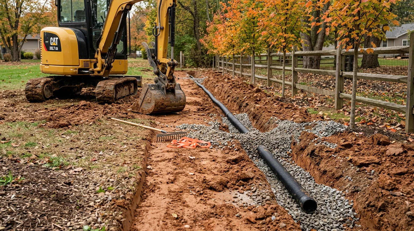 An excavator digging a drainage trench along the side yard of a residential property in Pittsboro, Indiana, with exposed clay soil and a gravel driveway visible in the background. The machine is positioned close to the home's foundation to redirect surface water runoff.