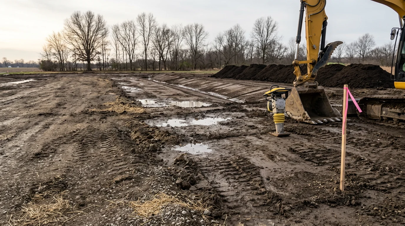 A site preparation project in Pittsboro, Indiana showing freshly graded and compacted soil on a residential lot with drainage slopes established and the ground leveled for construction. Heavy equipment tracks visible across the cleared subgrade surface.